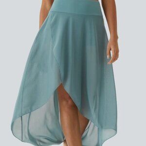 High Waisted High Low Ruffle 2-in-1 Pocket Flare Mesh Casual Regular Maxi Skirt‎